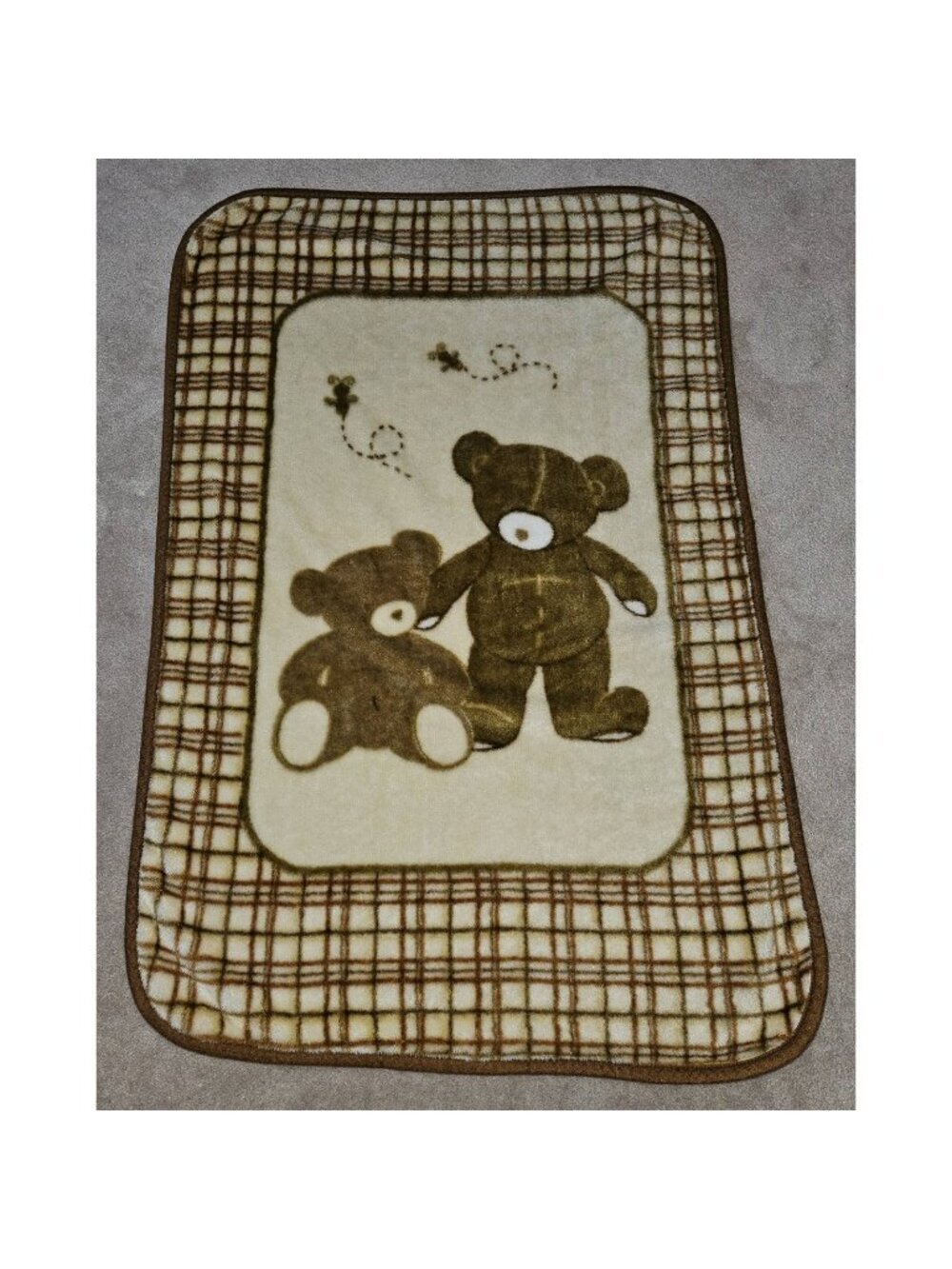 VTG Eddie Bauer Brown Teddy Bear Baby Blanket Bees Plaid Acrylic Blend 30x45